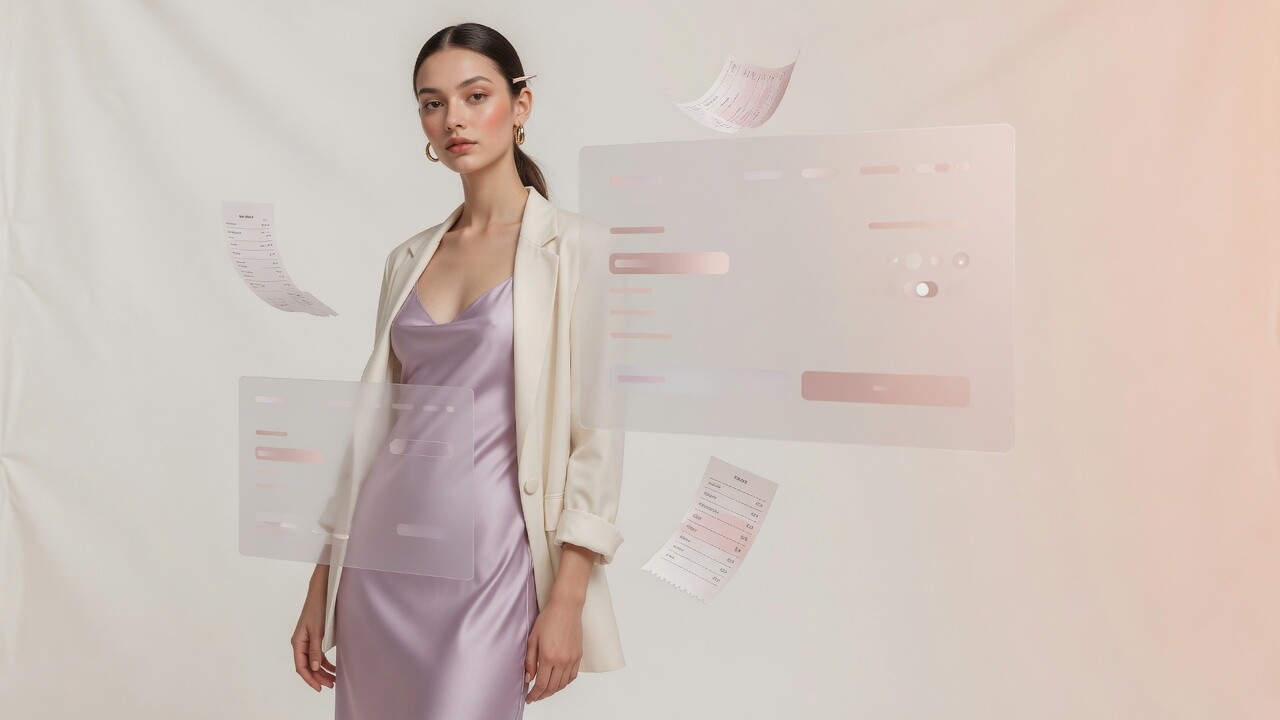 Fashion model with floating finance cards