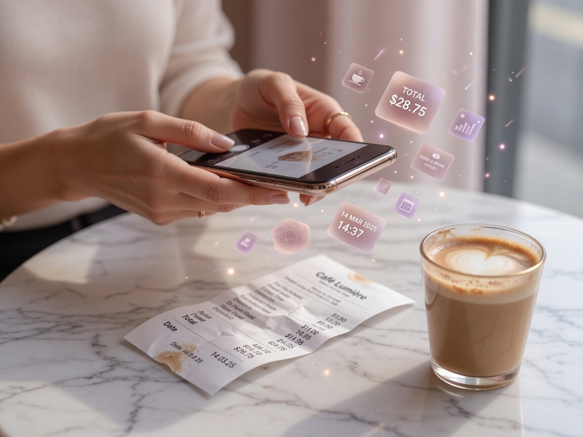 Phone scanning a receipt while AI extracts amount, date, and category
